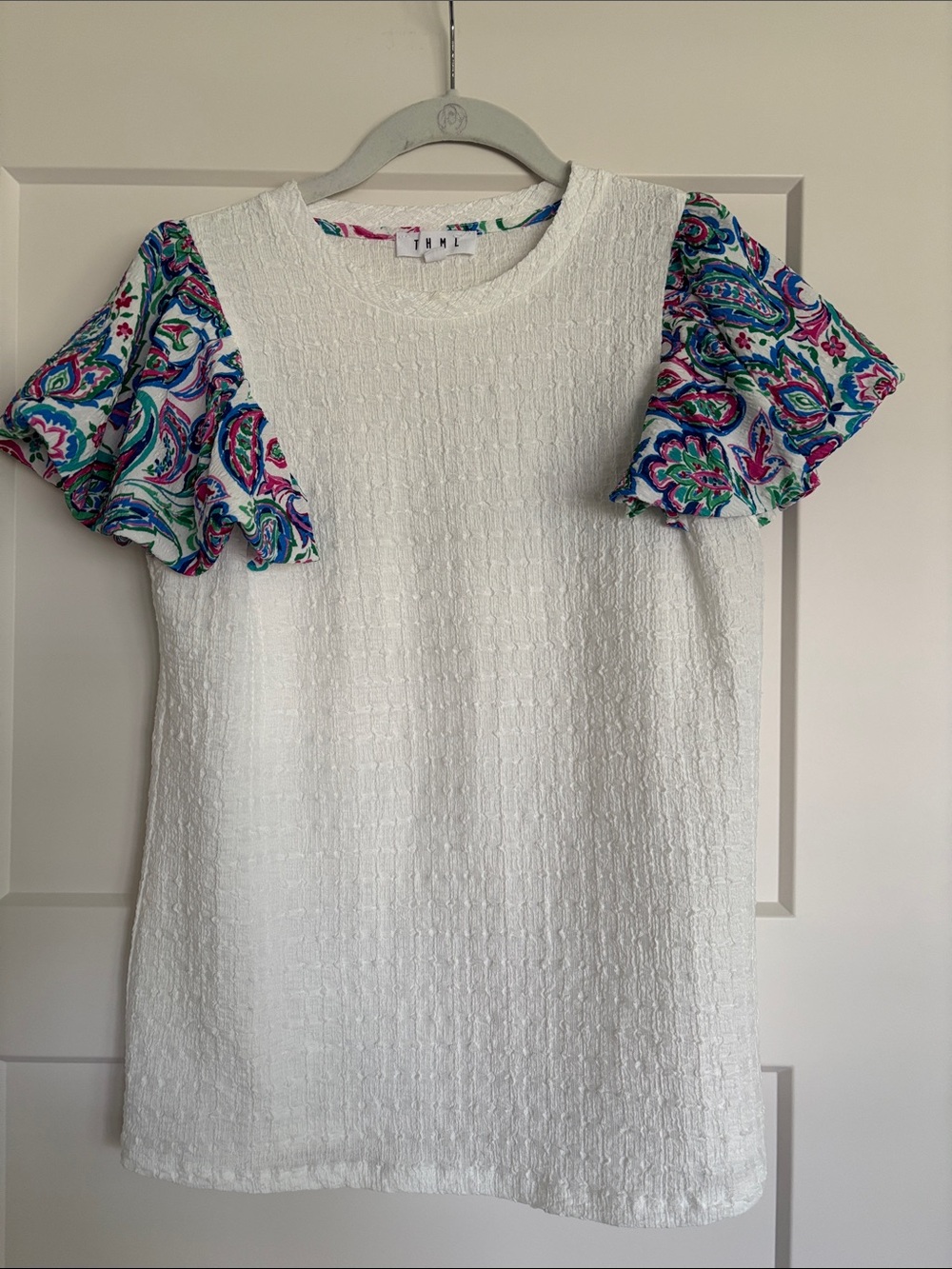 THML White Textured Top with Multicolor Trim